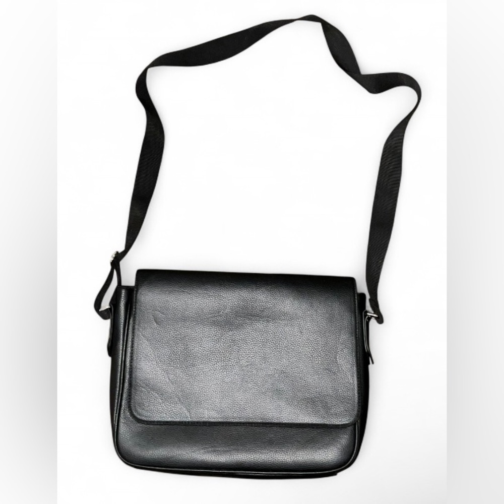 H&M Black Faux Leather Messenger Bag Metal Slider Buckle Crossbody Satchel